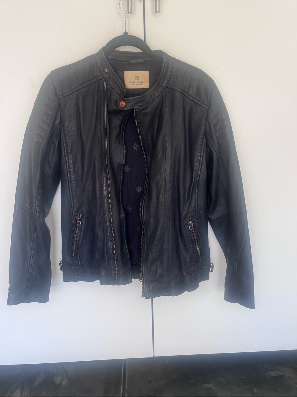 Scotch & Soda Black Leather Moto Jacket with Quilted Shoulders
